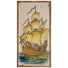 Early 1900s Framed Tile of Spanish Galleon