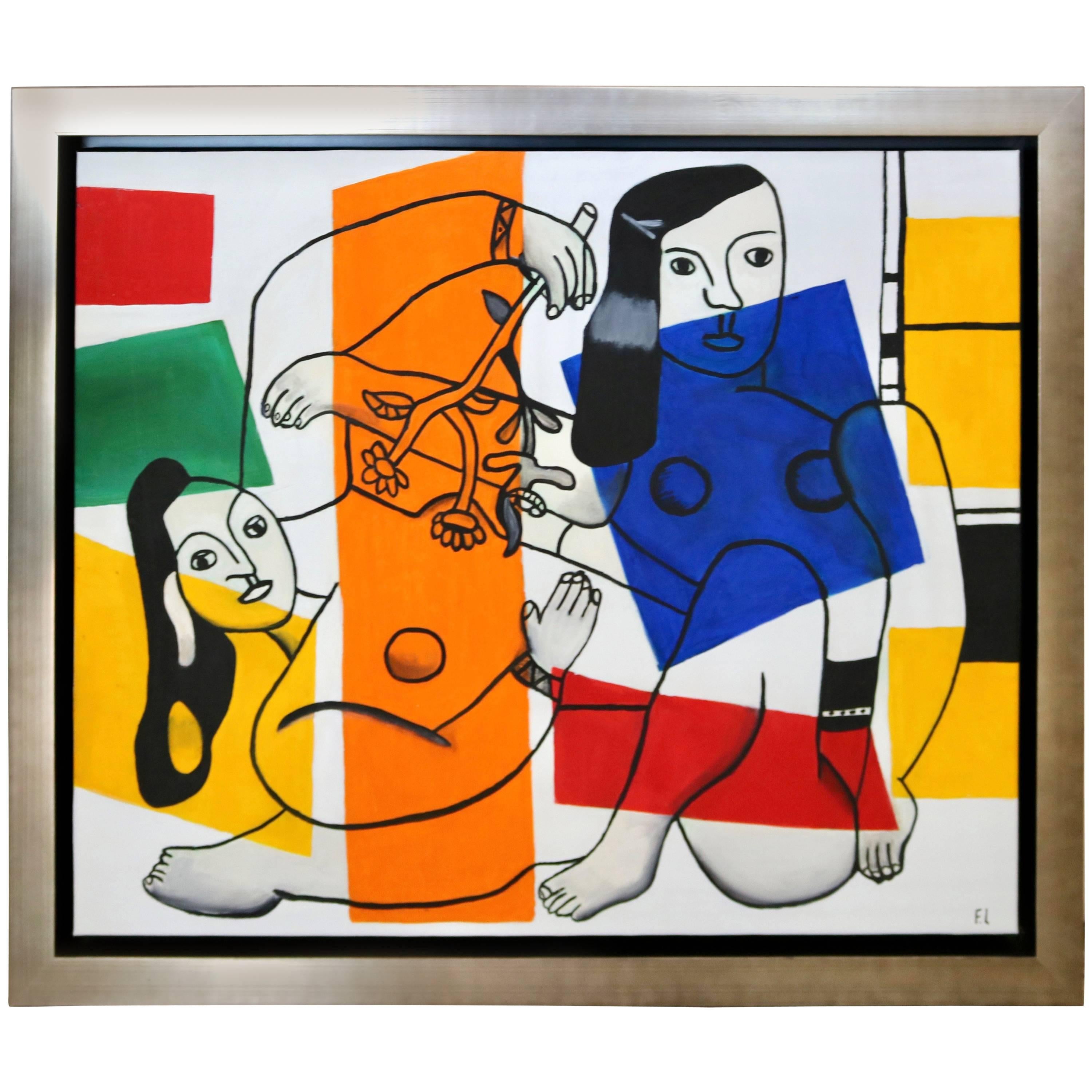 Homage to Fernand Leger Oil on Canvas, Cubist Style Painting