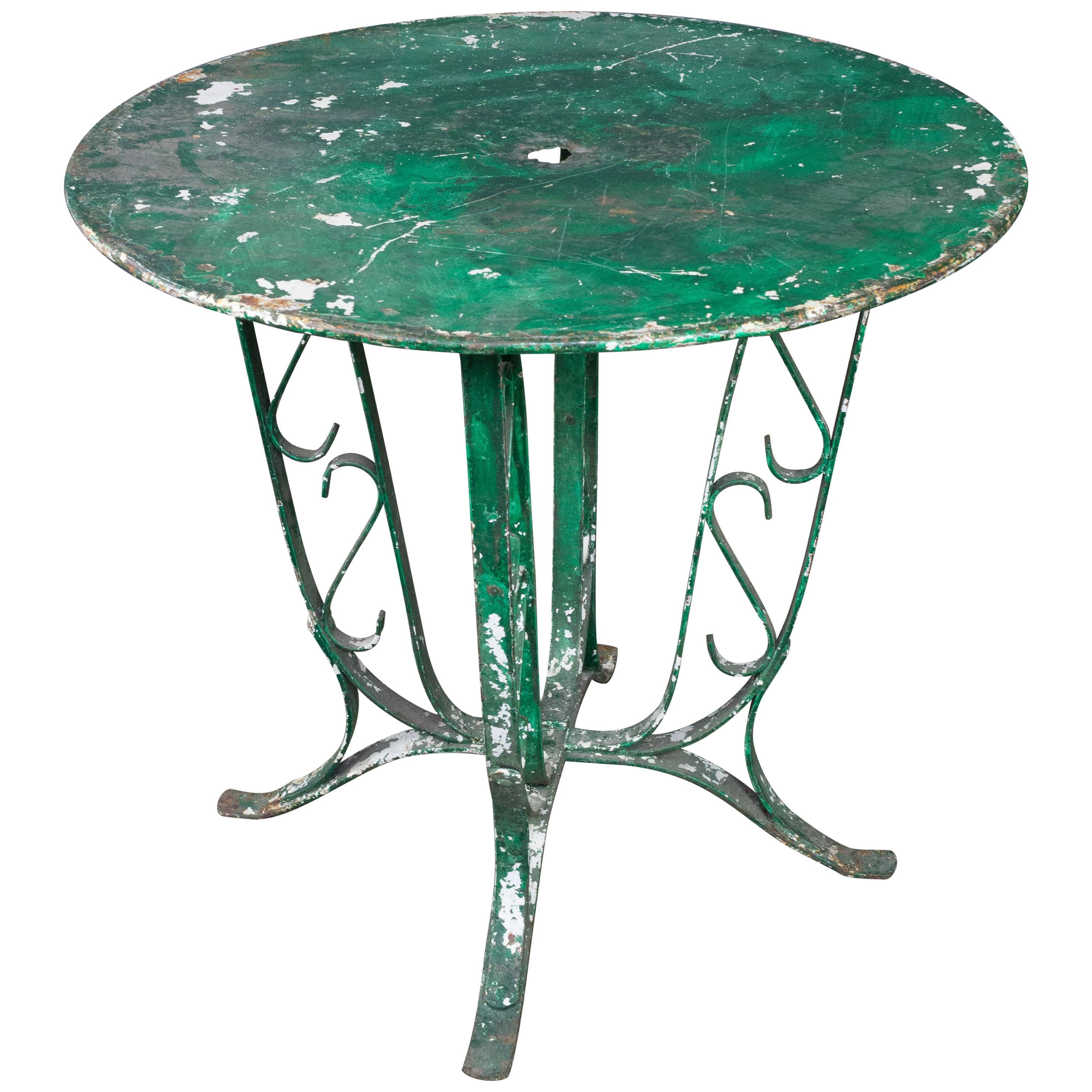 French 1920's  Garden Table  with Distressed Green Paint
