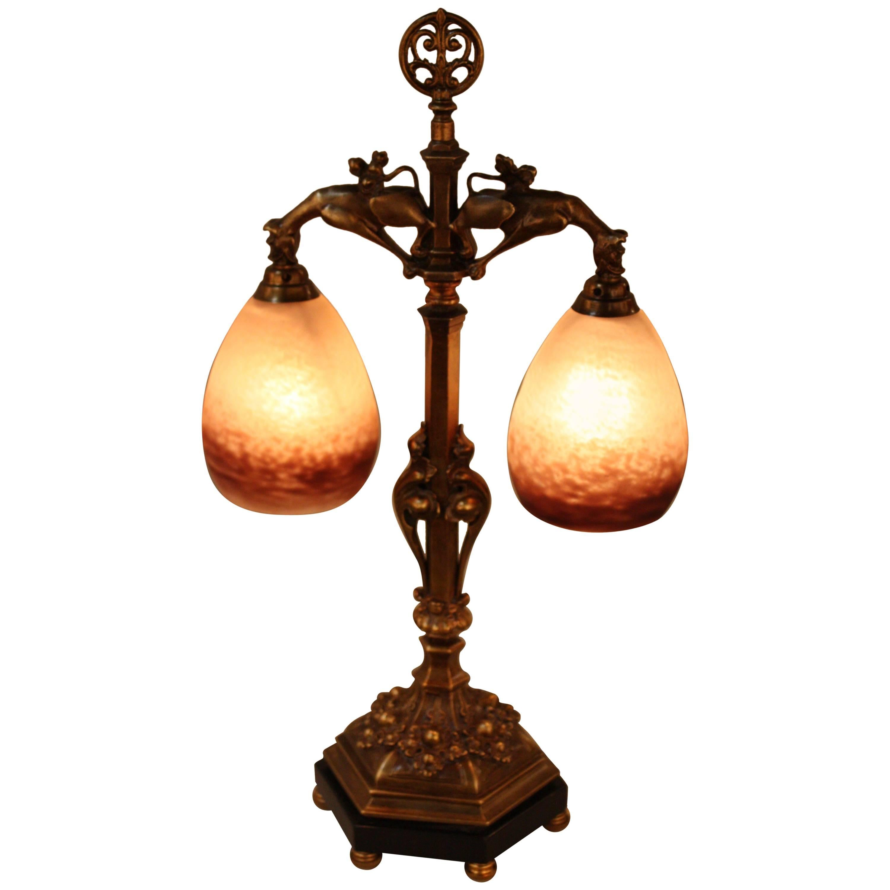 French Bronze and Art Glass Table Lamp