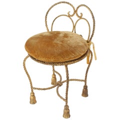 Gold Gilt Iron Rope Tassel Upholstery Vanity Chair Hollywood Regency