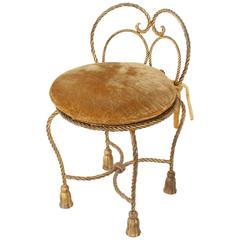 Gold Gilt Iron Rope Tassel Upholstery Vanity Chair Hollywood Regency 6