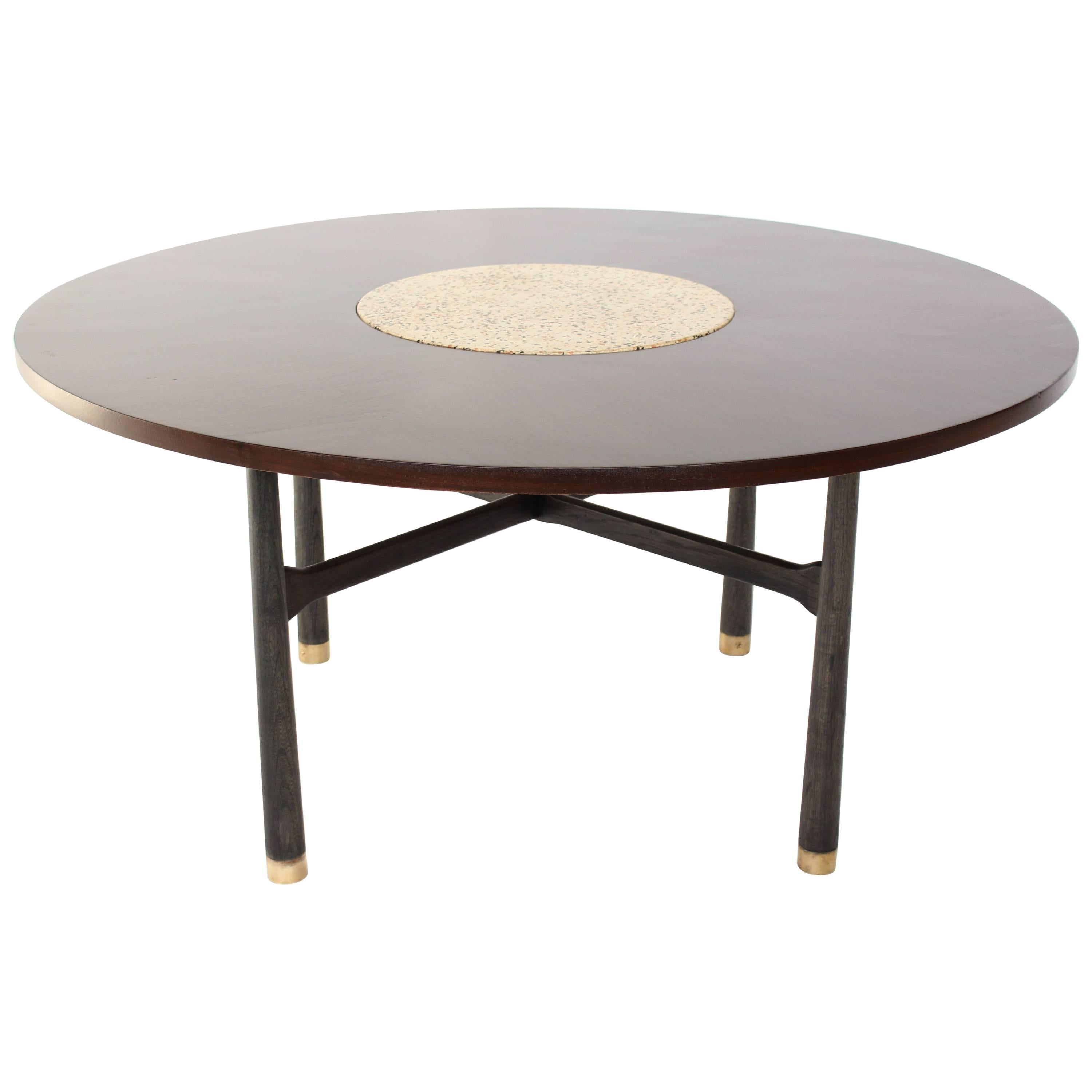 Harvey Probber Round Walnut Game Center Table with Travertine Insert For Sale