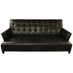 Sleek Black Leather Italian Mid-Century Modern Tufted Sofa