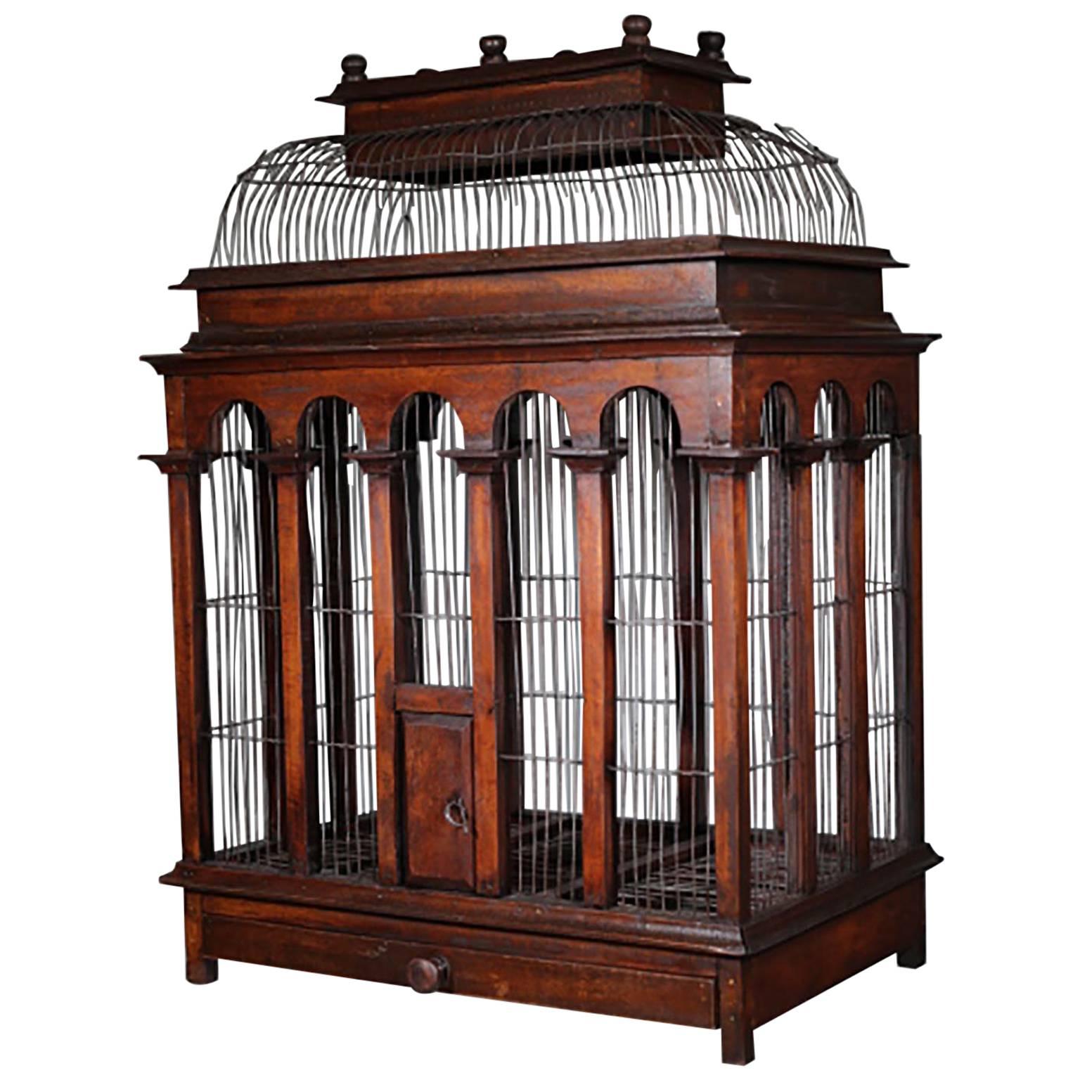 Large Victorian Wooden Birdcage with Wire Dome Top, circa 1800s