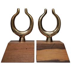 Pair of Large Bookends, 19th Century Solid Brass Oar Locks Mounted on MCM Base