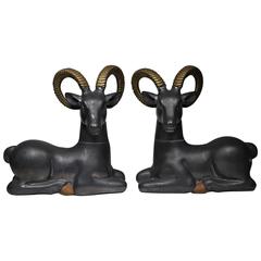 Art Deco Pewter and Brass Plated Big Horn Bookends, circa 1930s