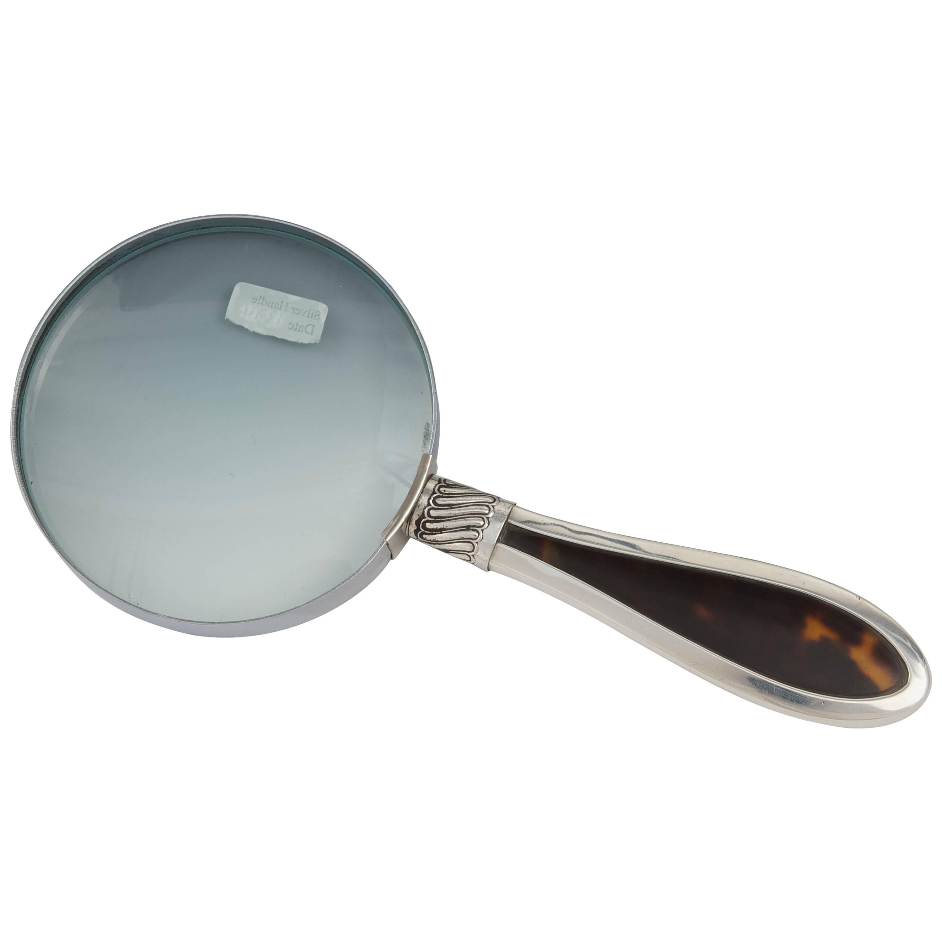 Hilkinson Silver Handled Magnifying Glass with Tortoise Shell Inset For Sale