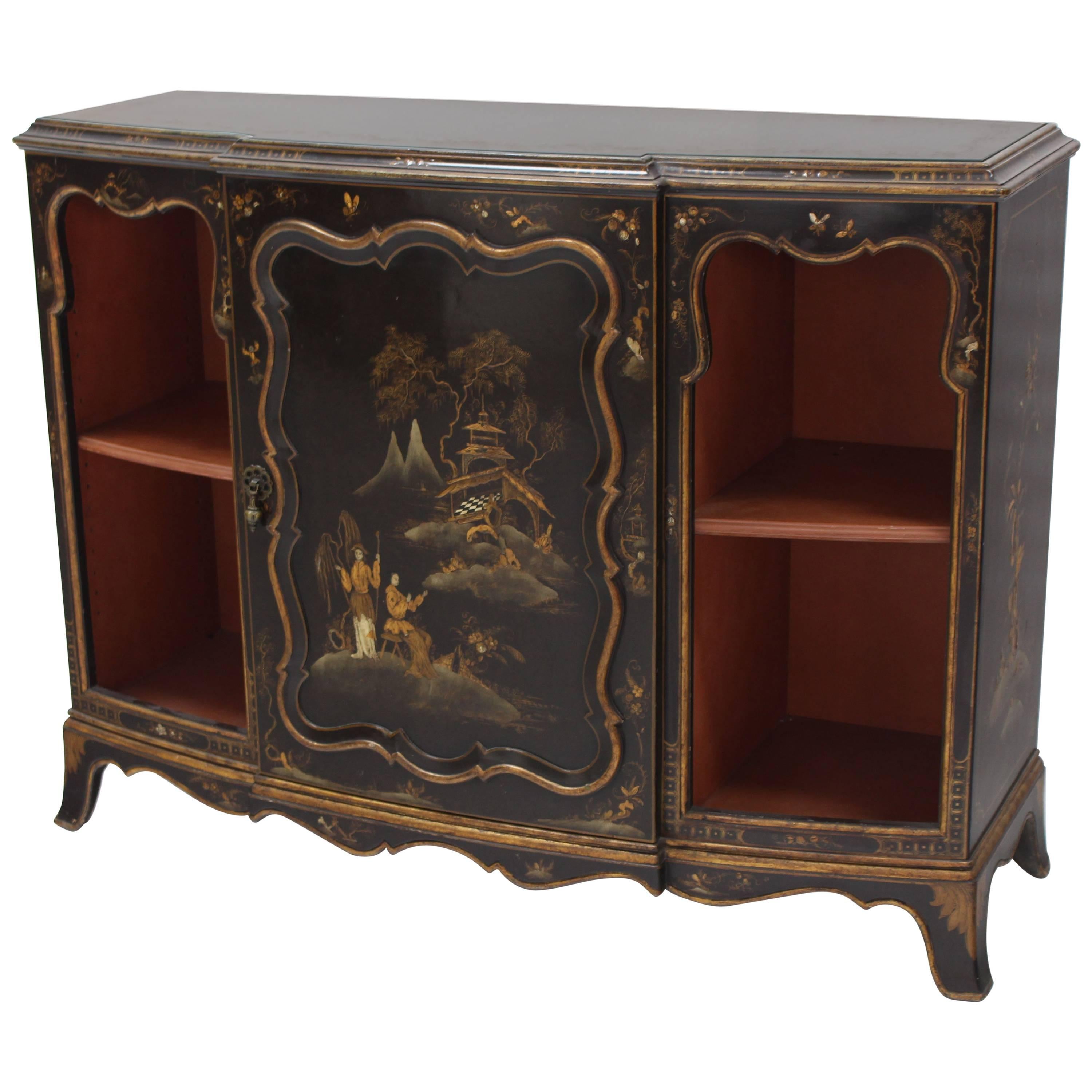 Mirrored Silver Gilt Bow Front Hand Decorated Console Cabinet Credenza Chinoiser For Sale