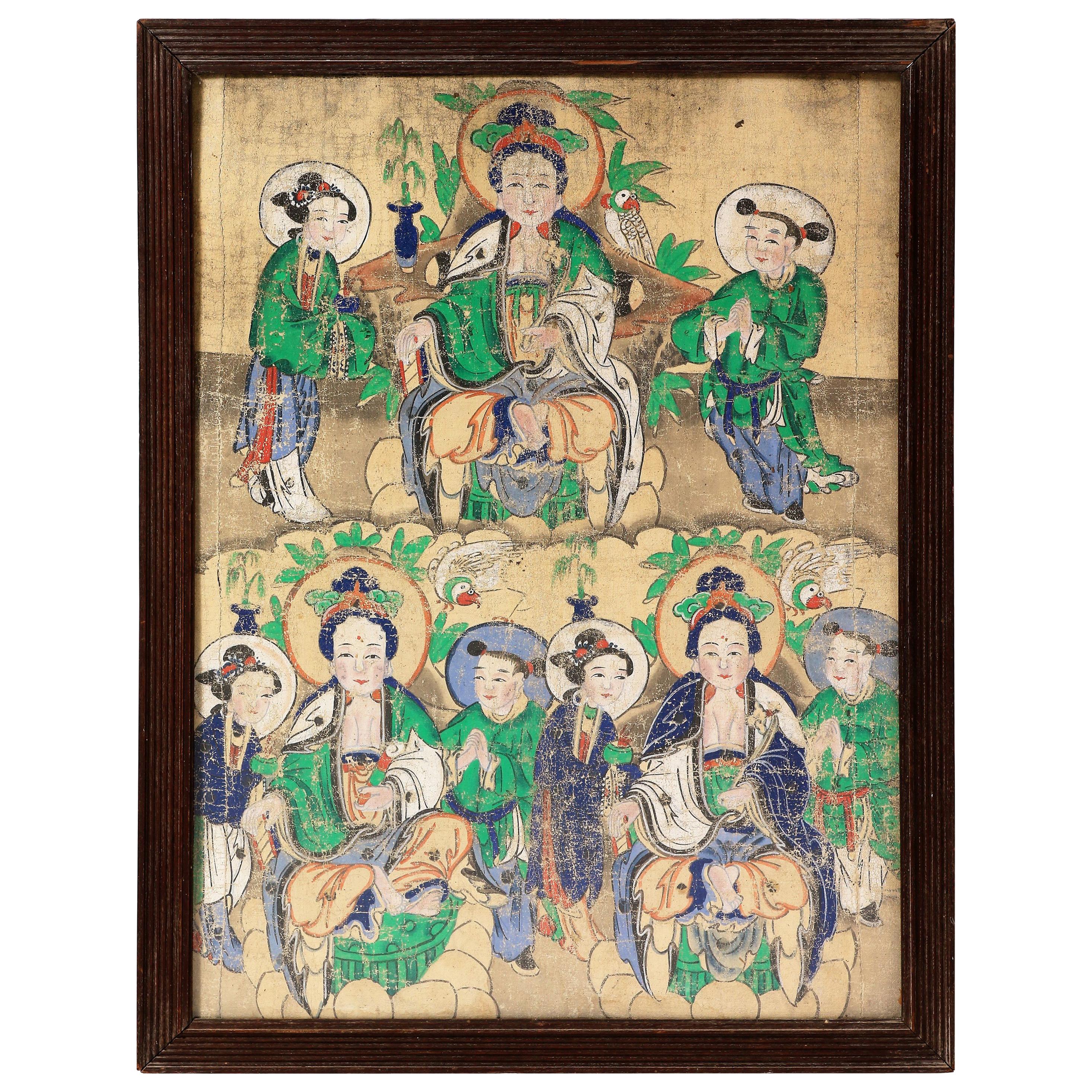 Immortal He Xiangu Painting on Canvas, China, 19th Century Asian Art For Sale