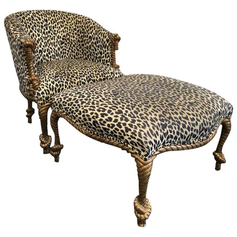 Napoleon III Style Gilded Leopard Print Rope and Tassel Chair and Ottoman For Sale