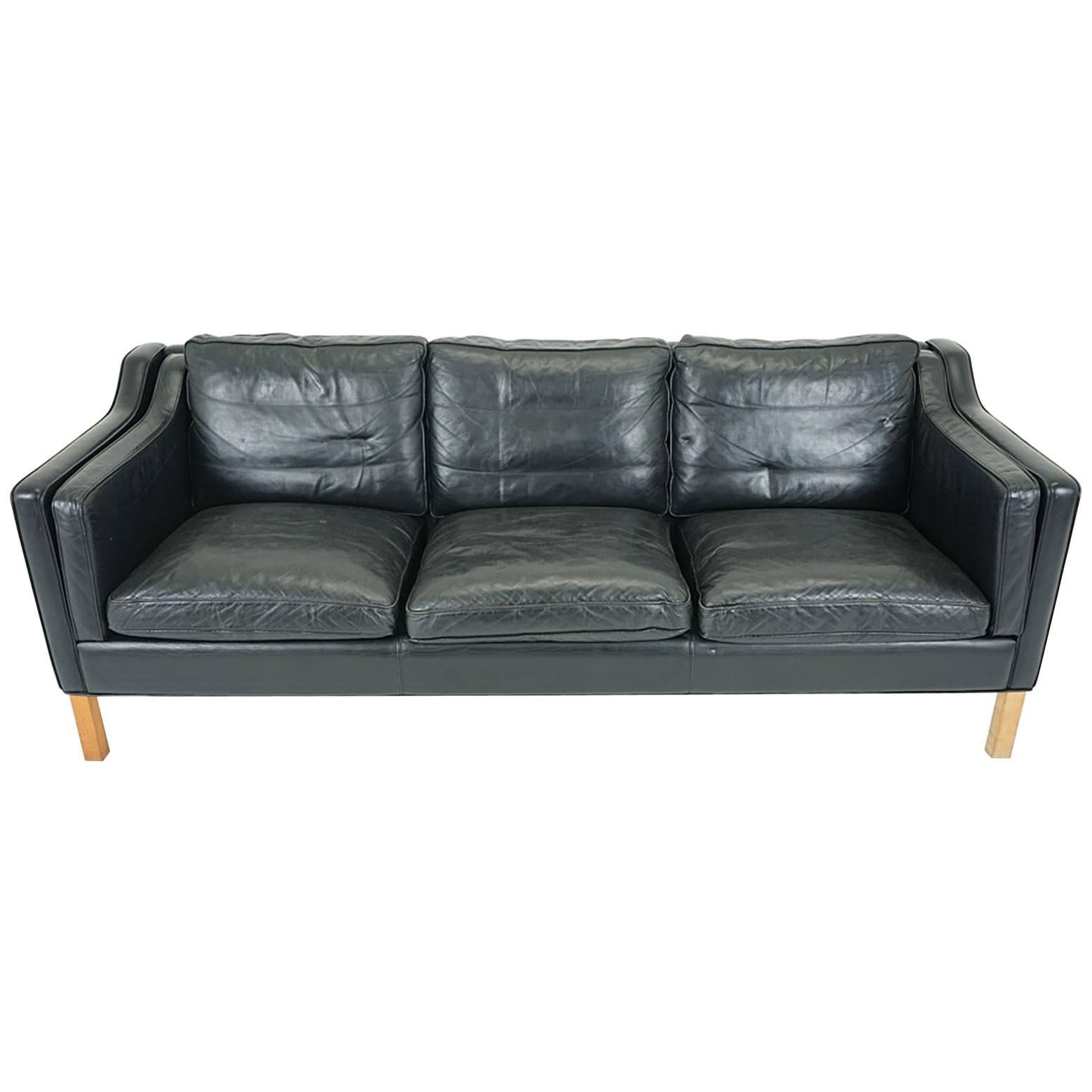 Danish Modern Black Leather Sofa For Sale