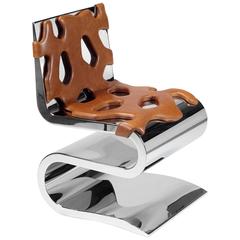 Contemporary design chair or side table in stainless steel and cognac leather 5