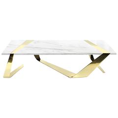 Contemporary design coffee table in white marble of Carrara and polished brass 3