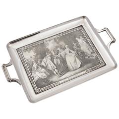 20th Century French Silver Plated, Copper Engraved Tray