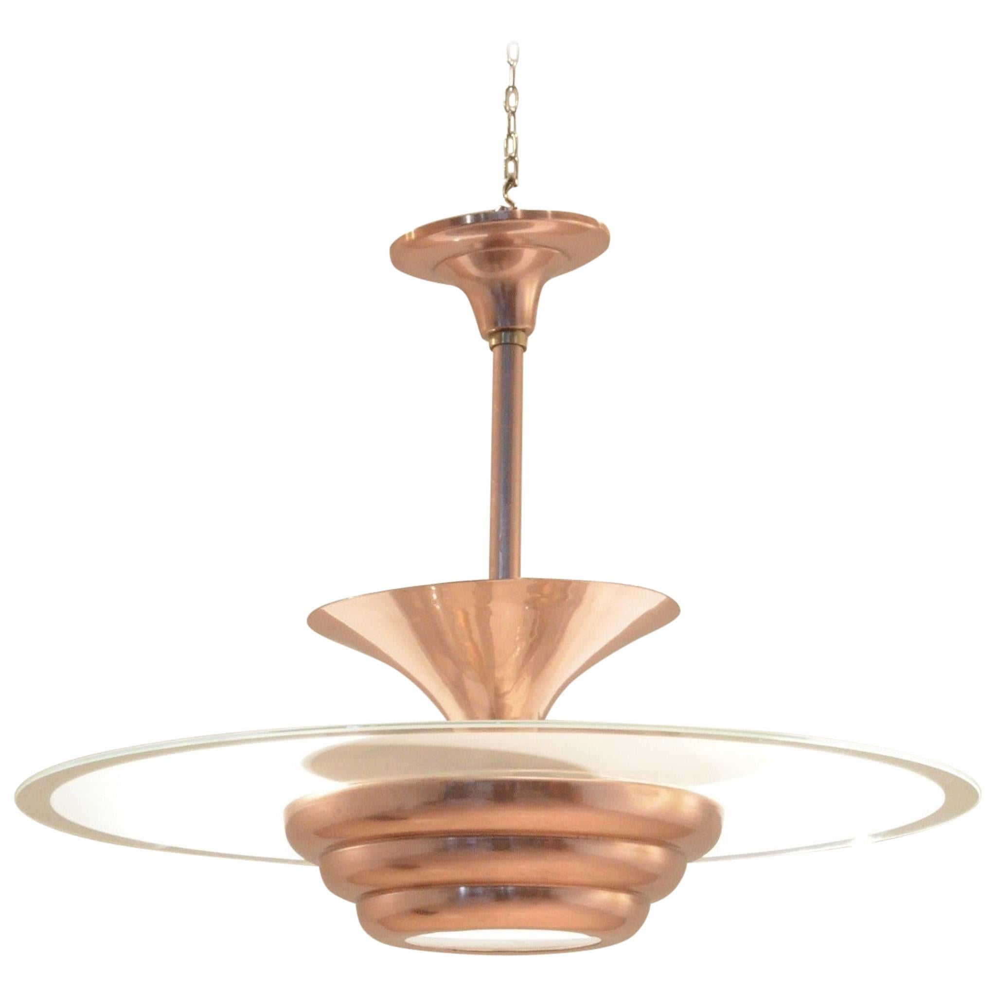 French Art Deco Full Copper and Round Sanded Glass Pendant Lamp Chandelier