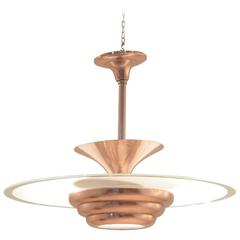 French Art Deco Full Copper and Round Sanded Glass Pendant Lamp Chandelier