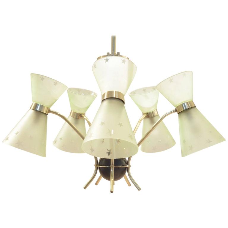 Mid Century French Design Diabolo Shaped Glass And Brass Mid Century French Design Diabolo Shaped Glass Brass Chandelier Pendant Lamp 1