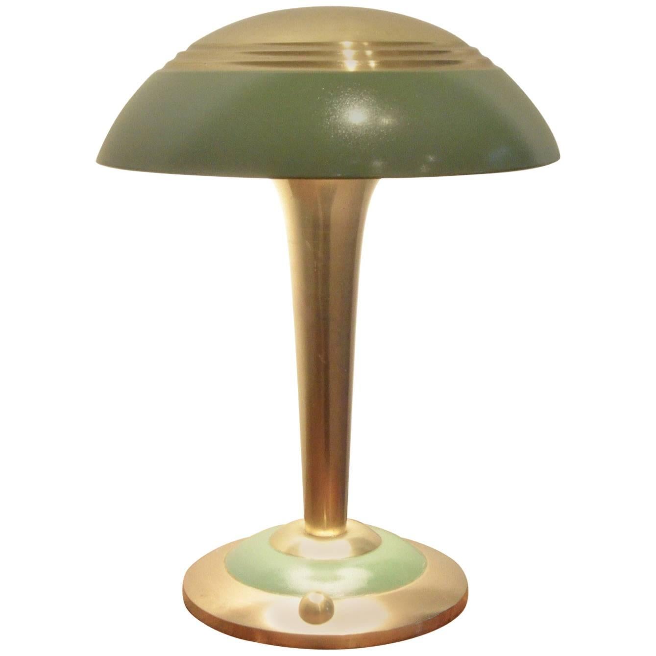 1920s French Art Deco Brass and Green Paint Swivel Top Desk Table Lamp