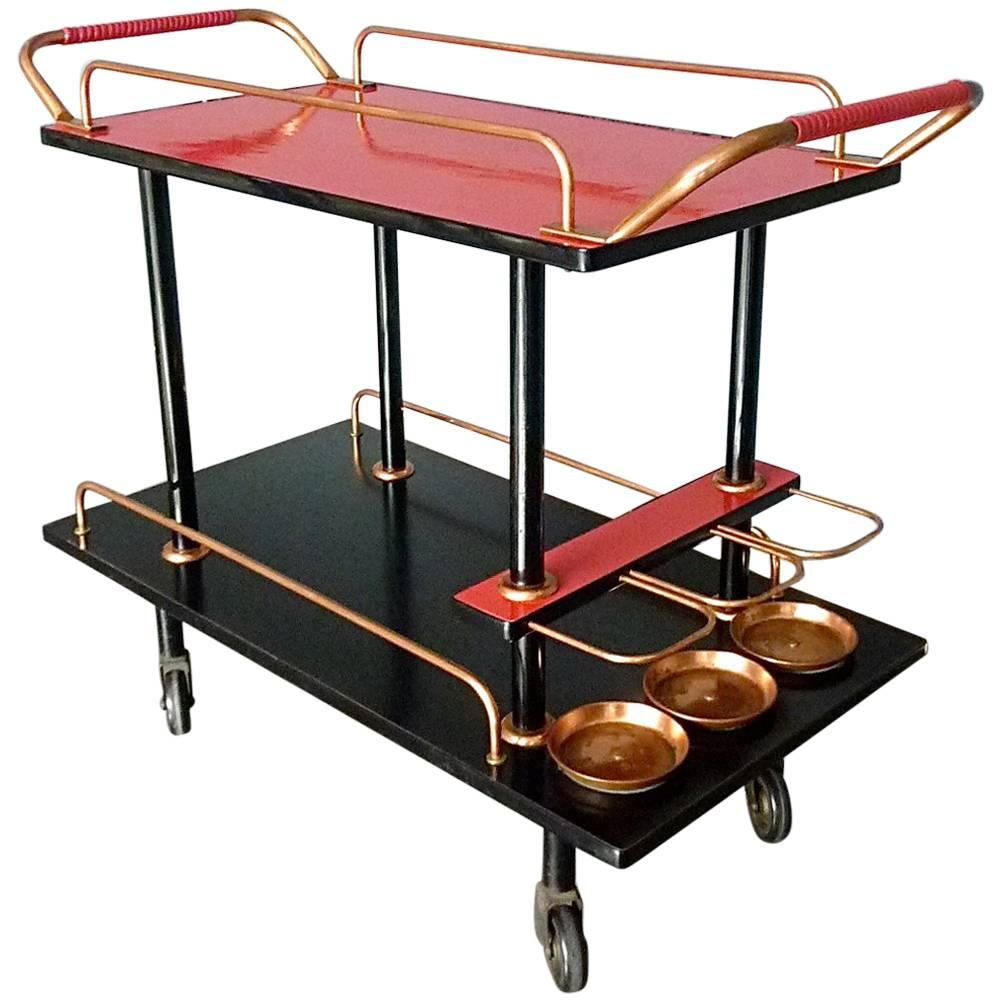 Bauhaus Bar Cart Serving Drinks Trolley Black Wood Red Formica Copper, 1930s