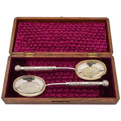 19th Century Victorian Oak Cased Silver Plated Serving Spoons