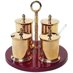 Rare Signed Gilt Aldo Tura Condiment Table Set Bar Ware Red Goatskin Wood 1960s