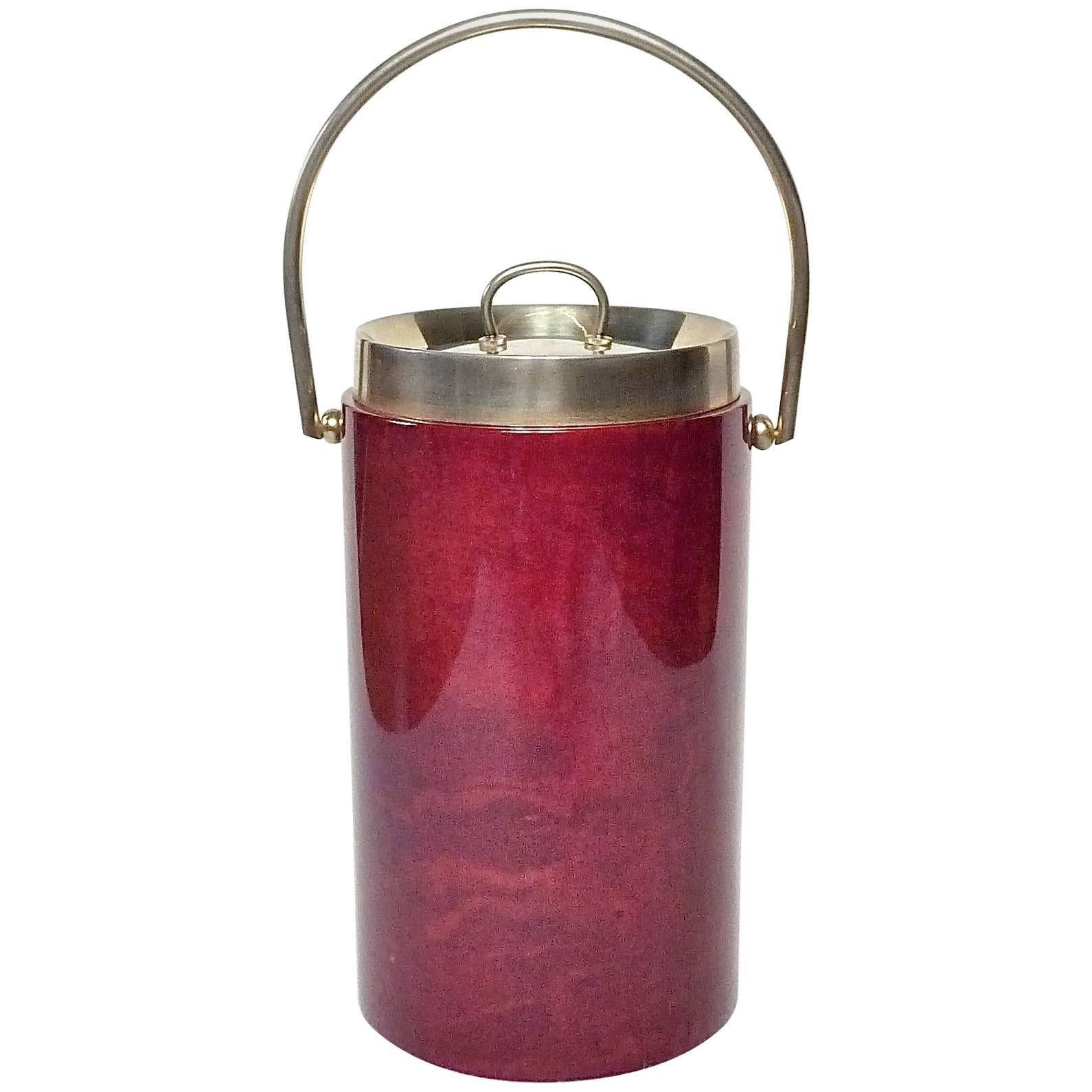Signed Aldo Tura Mid-Century Red Goatskin Italian Ice Bucket Wine Cooler 1960 For Sale