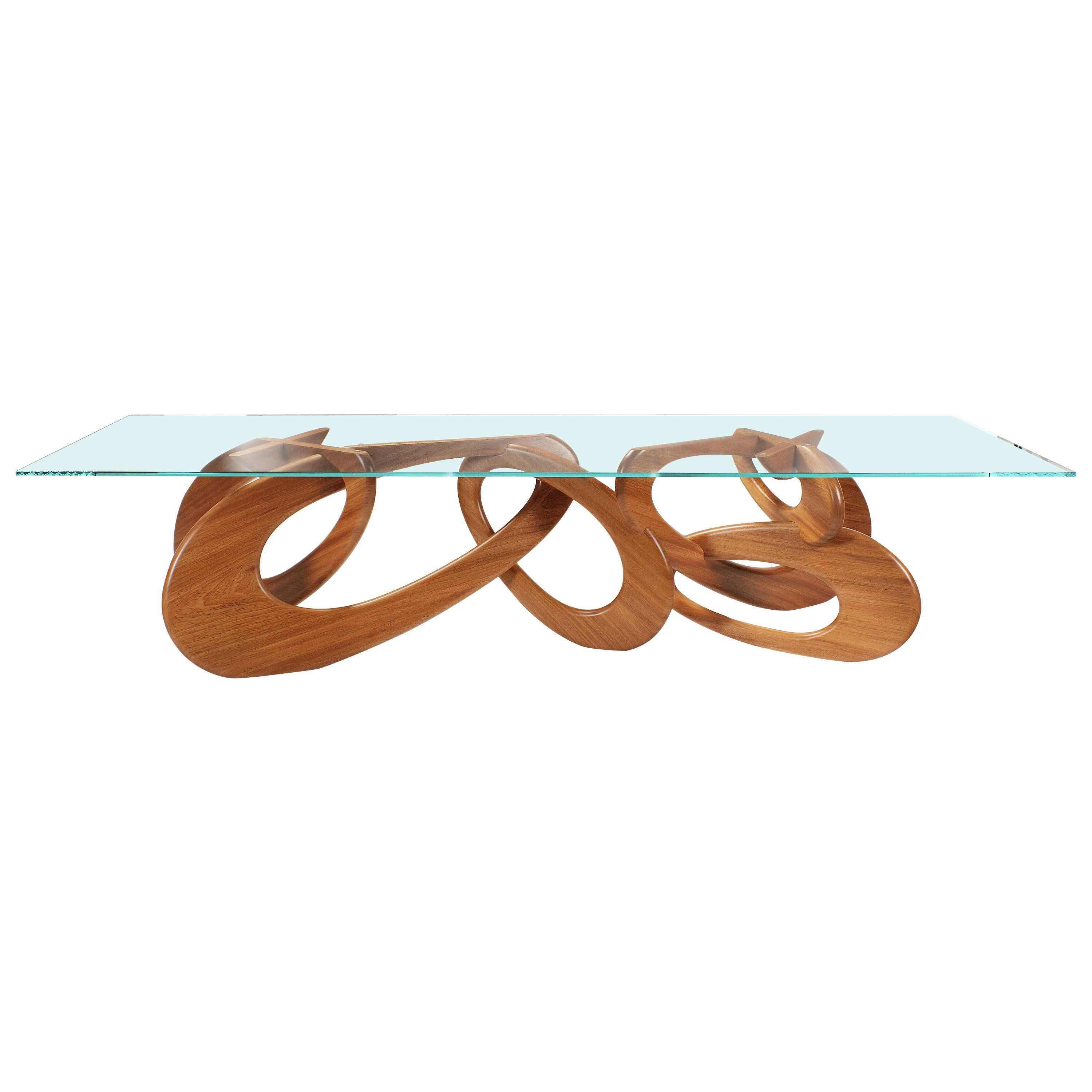 Table de salle à manger Base en Wood Wood Solid Plateau en verre de cristal, Structure en anneaux Made in Italy en vente