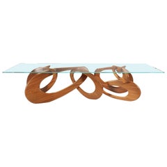 Dining Table Solid Wood Base Crystal Glass Top, Rings Structure Made in Italy