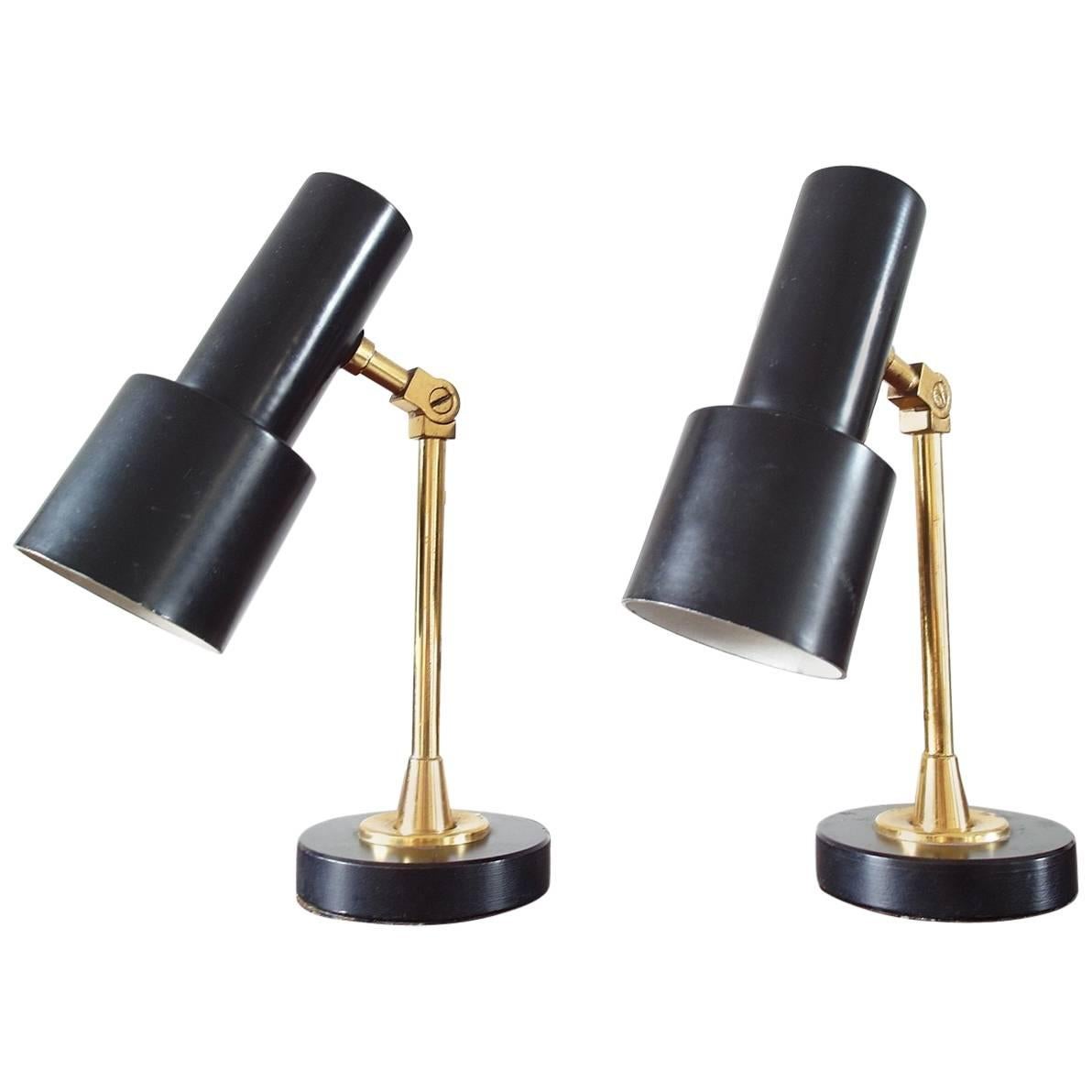 Pair of Original Brass and Black Stilnovo Table Lamps, Italy, 1950s For Sale