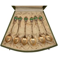 Cased Set of Six, 20th Century Silver Gilt and Enamel Spoons