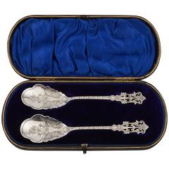 Pair of Cased 19th Century Victorian Silver Plated Preserve Spoons
