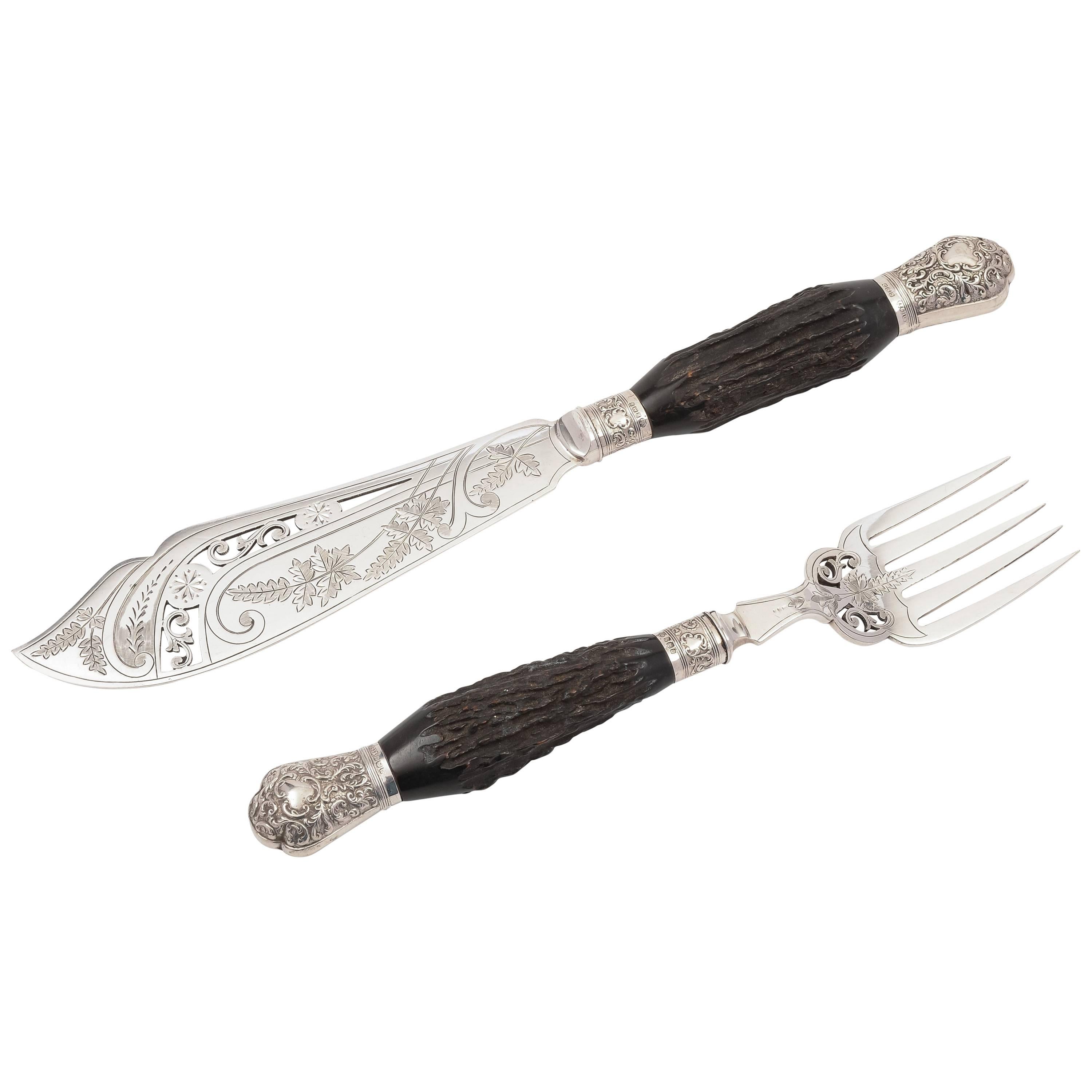 Pair of 20th Century Edwardian Silver and Antler Handled Fish Servers For Sale