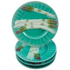 Aesthetic Luneville K&G French Barbotine Majolica Asparagus Plates, Set of Four 8