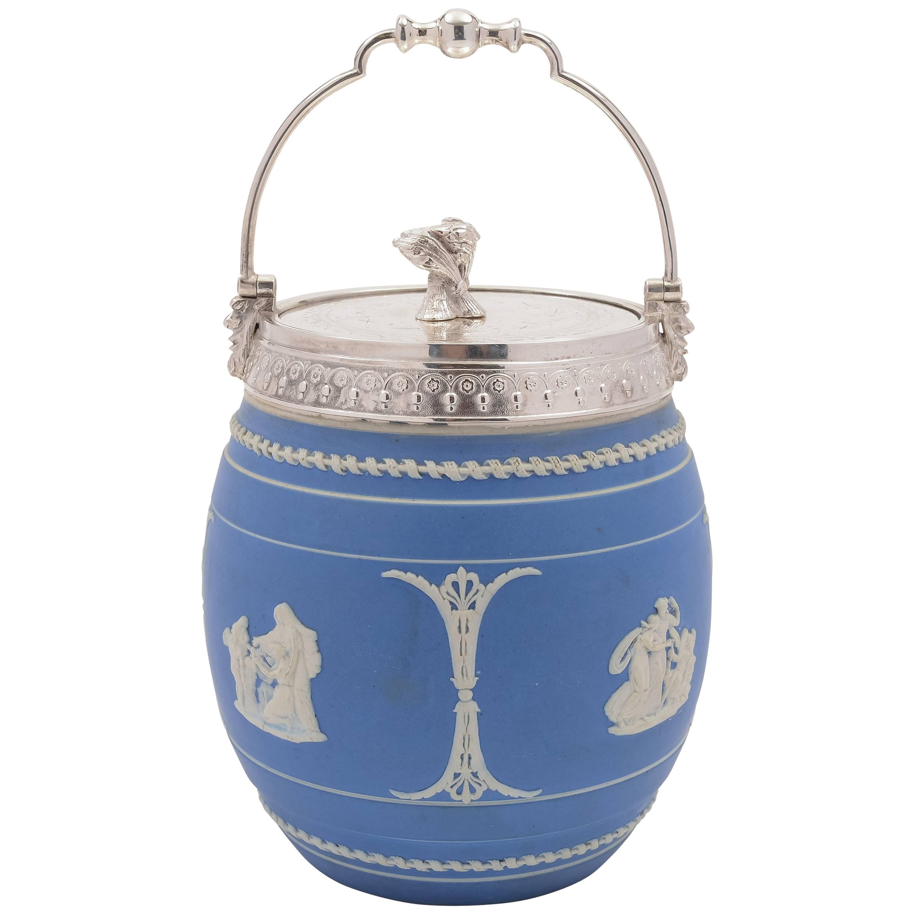 19th Century Victorian Blue Jasperware China Biscuit Barrel