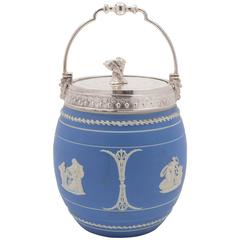 19th Century Victorian Blue Jasperware China Biscuit Barrel