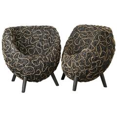 Pair of Seats in Natural and Black Lacquered Wicker, France, 1940s