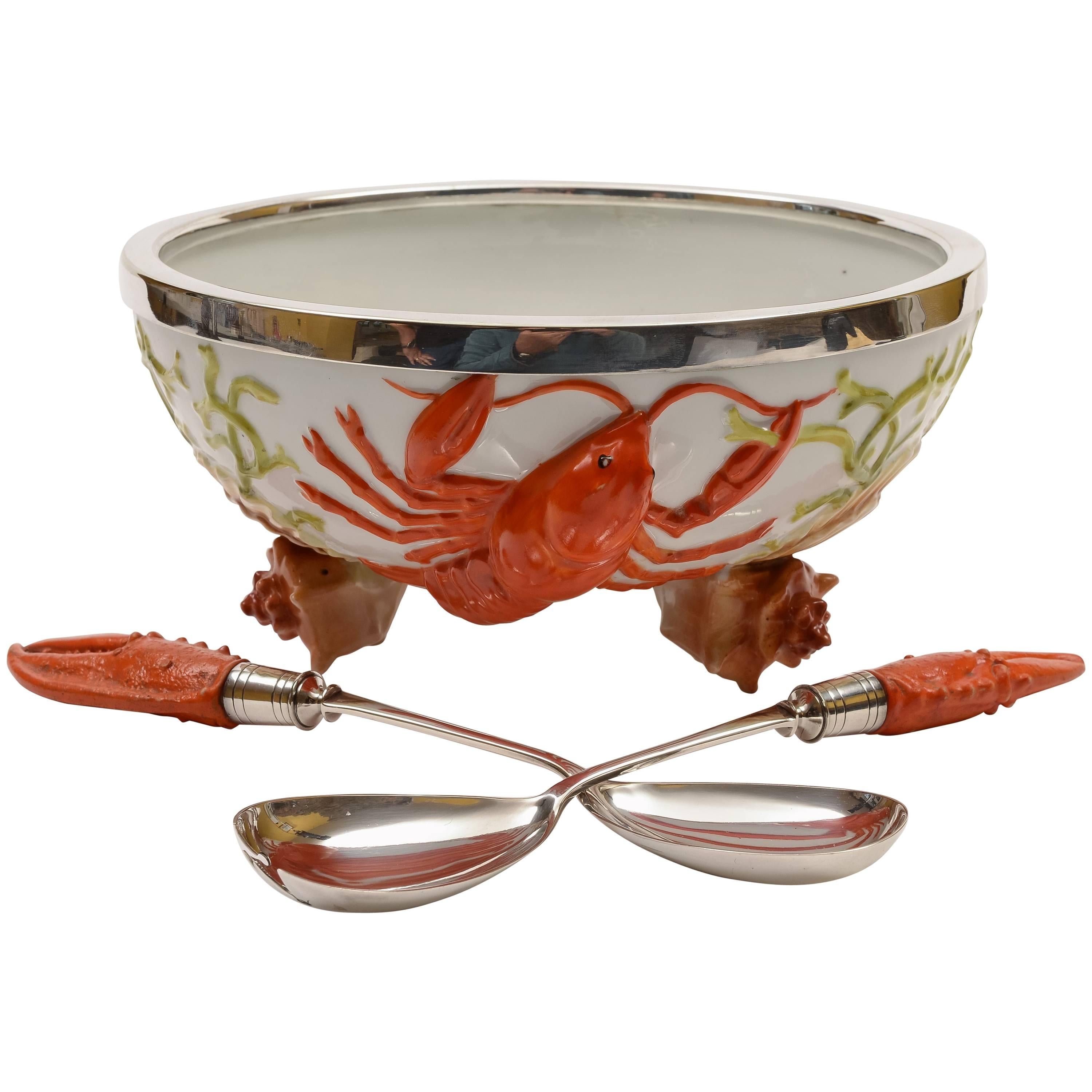 20th Century Edwardian Continental China Salad Bowl with Servers