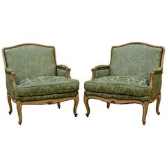 Pair of Attractive French Louis XV Style Painted and Satin Covered Bergeres