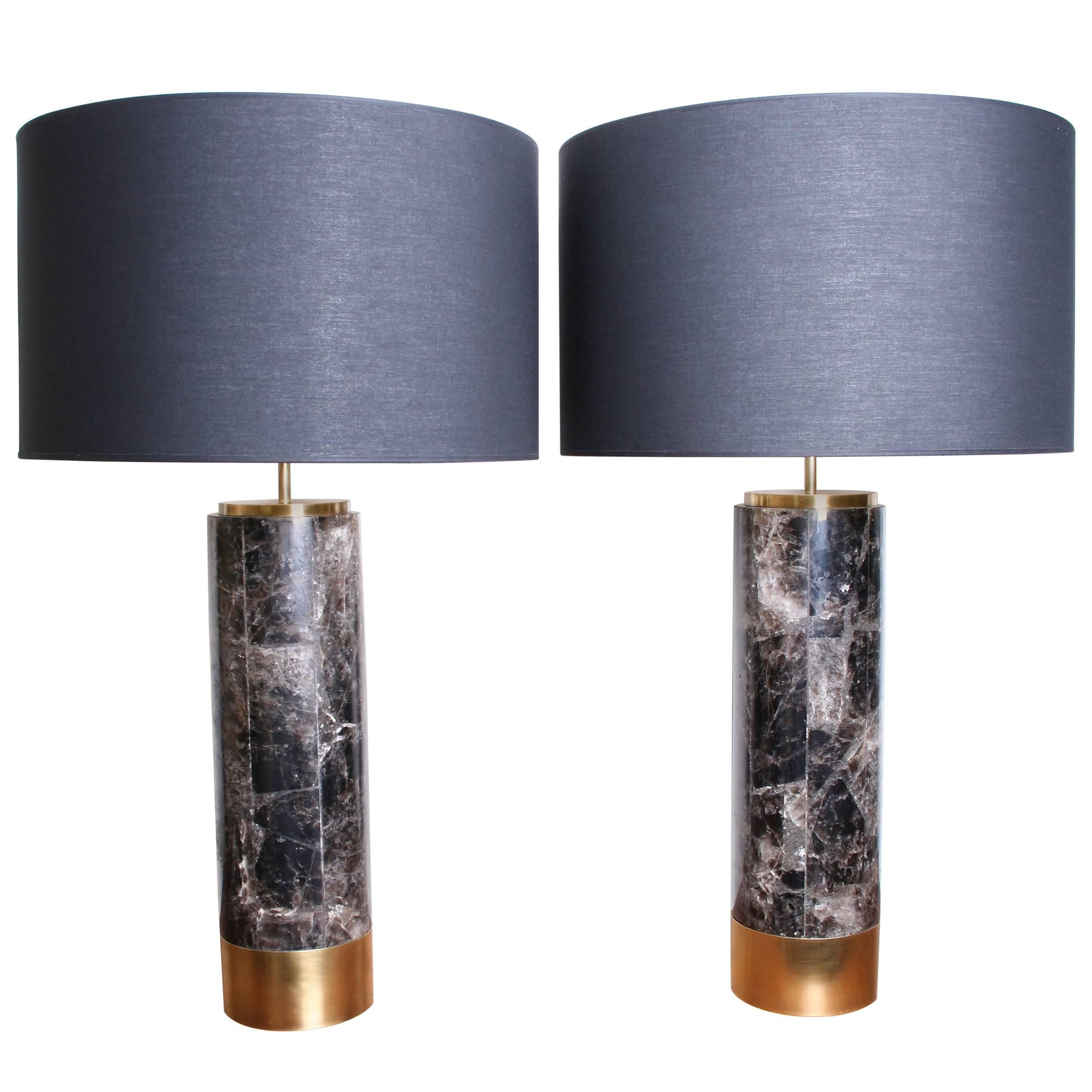 Pair of Table Lamps in Smokey Quartz and Brass, Model Kristalia by Arriau For Sale