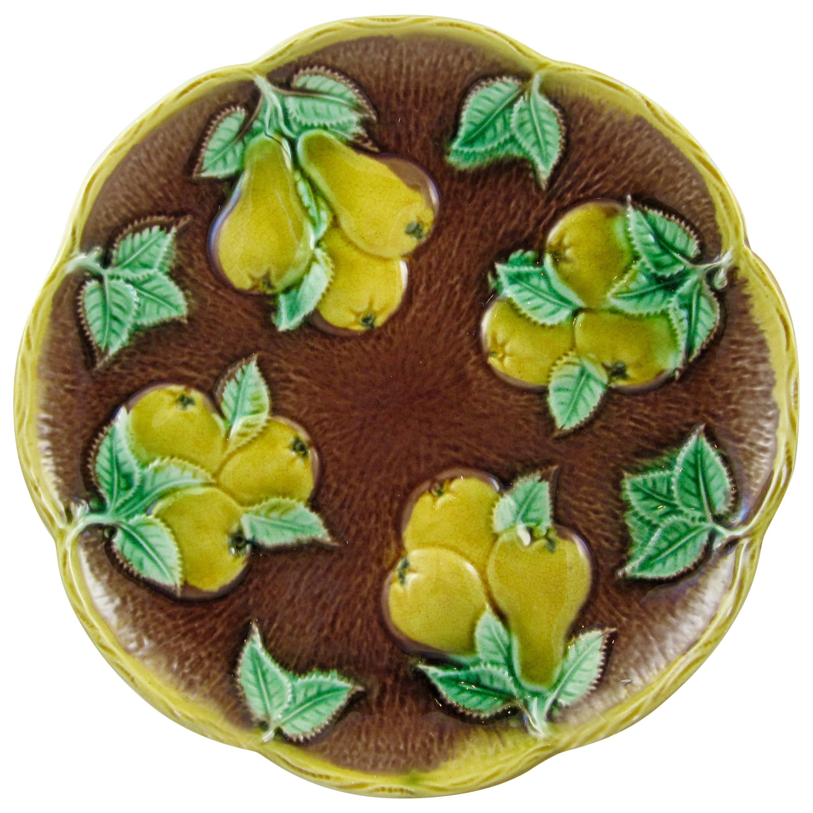19th Century, English Majolica Rustic Yellow Pears on Bark Plate
