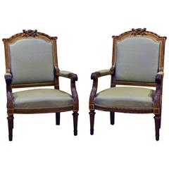 Pair of French, Louis XVI Style Carved and Parcel-Gilt Satin Covered Armchairs 5