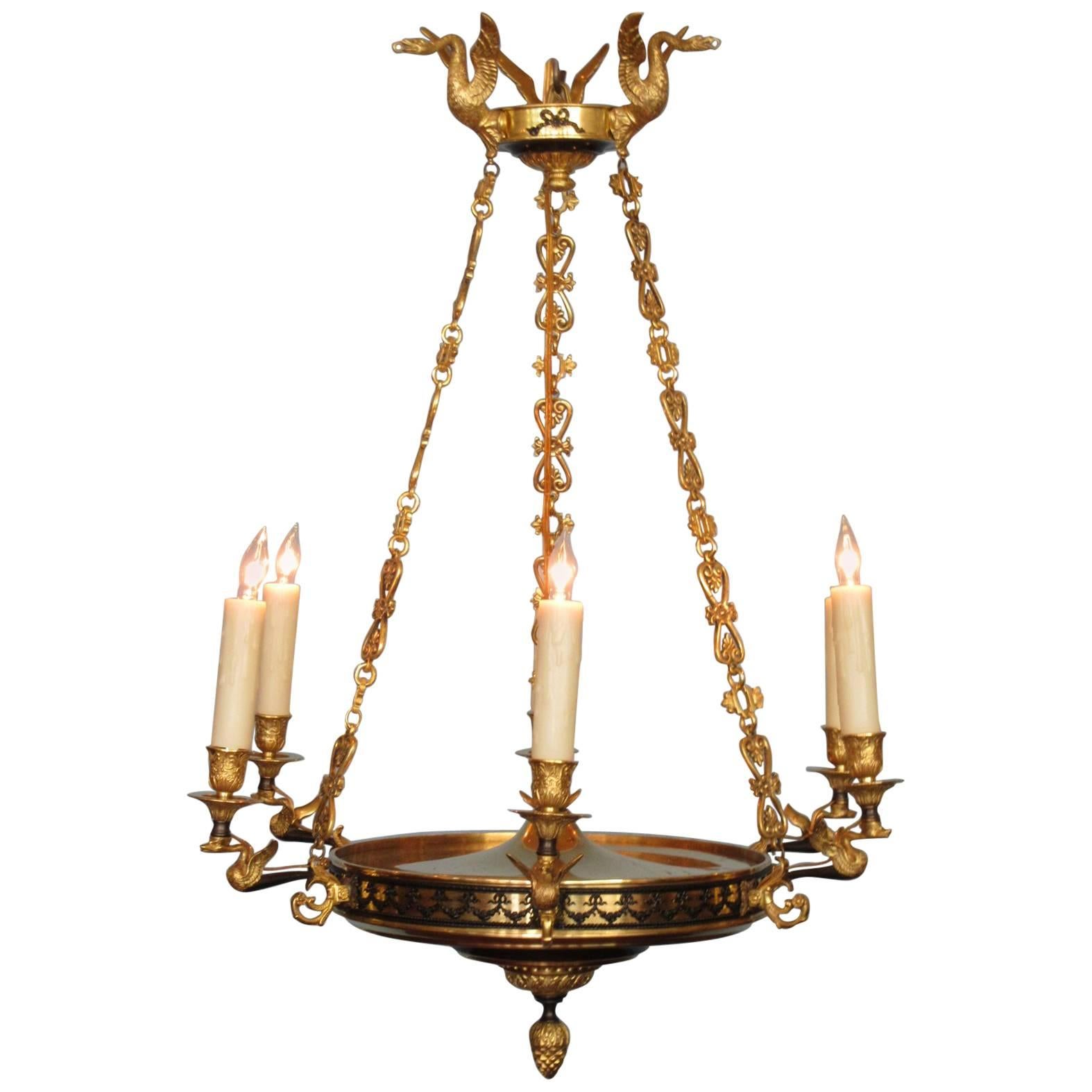 Early 19th Century French Restoration Patinated and Bronze Dore Swan Chandelier