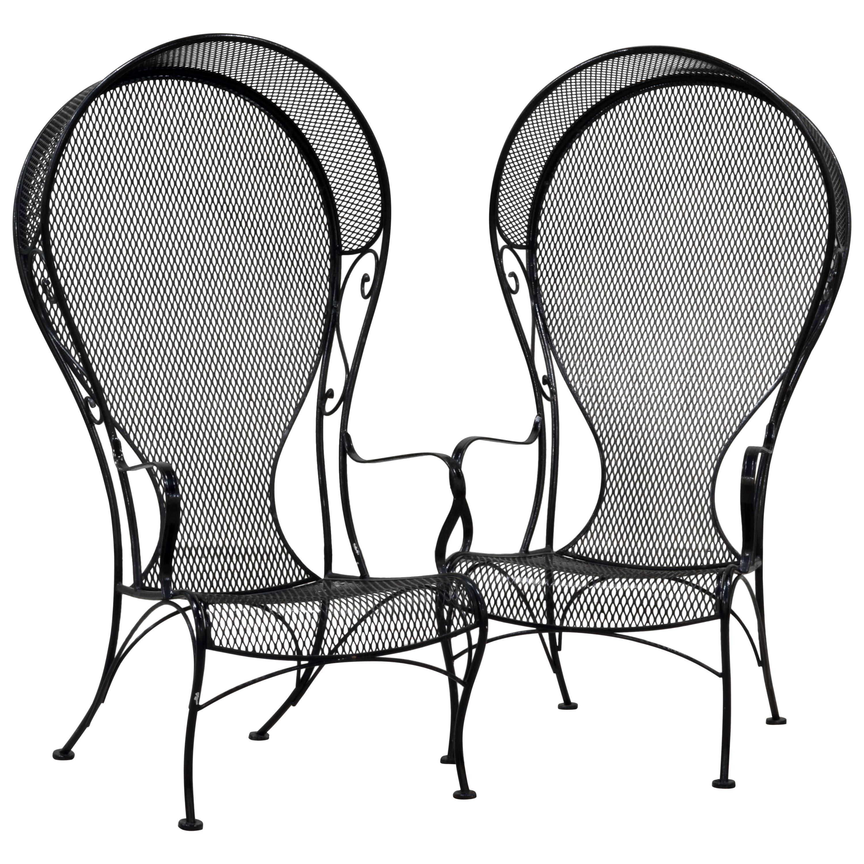 Pair of Woodard Mid-Century Hollywood Regency Wrought Iron and Mesh Patio Chairs