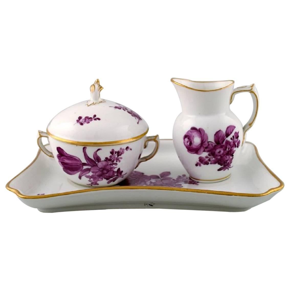 Royal Copenhagen Purple Sugar Bowl and Creamer Set on Tray For Sale