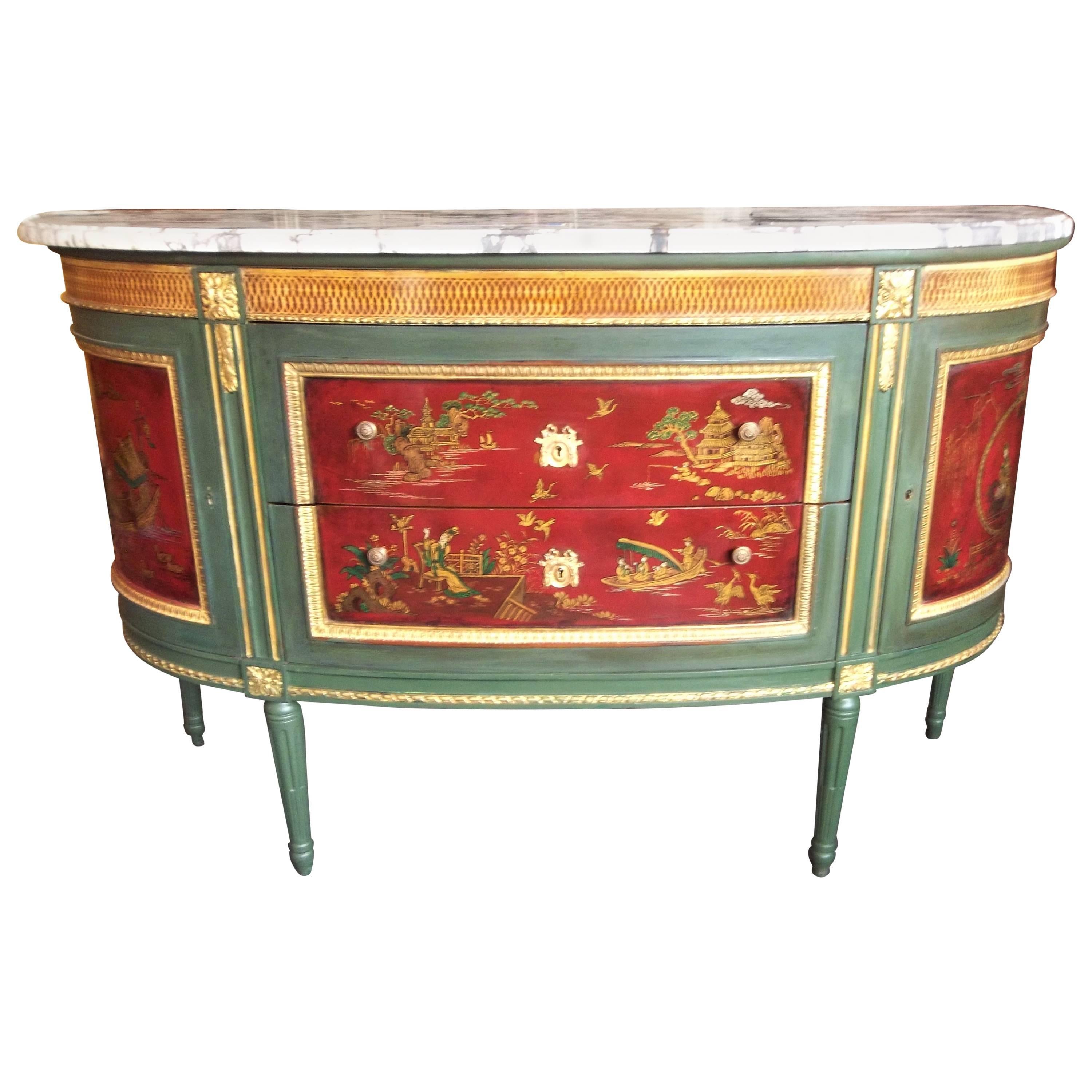 French Green Painted Console Dessert with Chinoiserie Panels