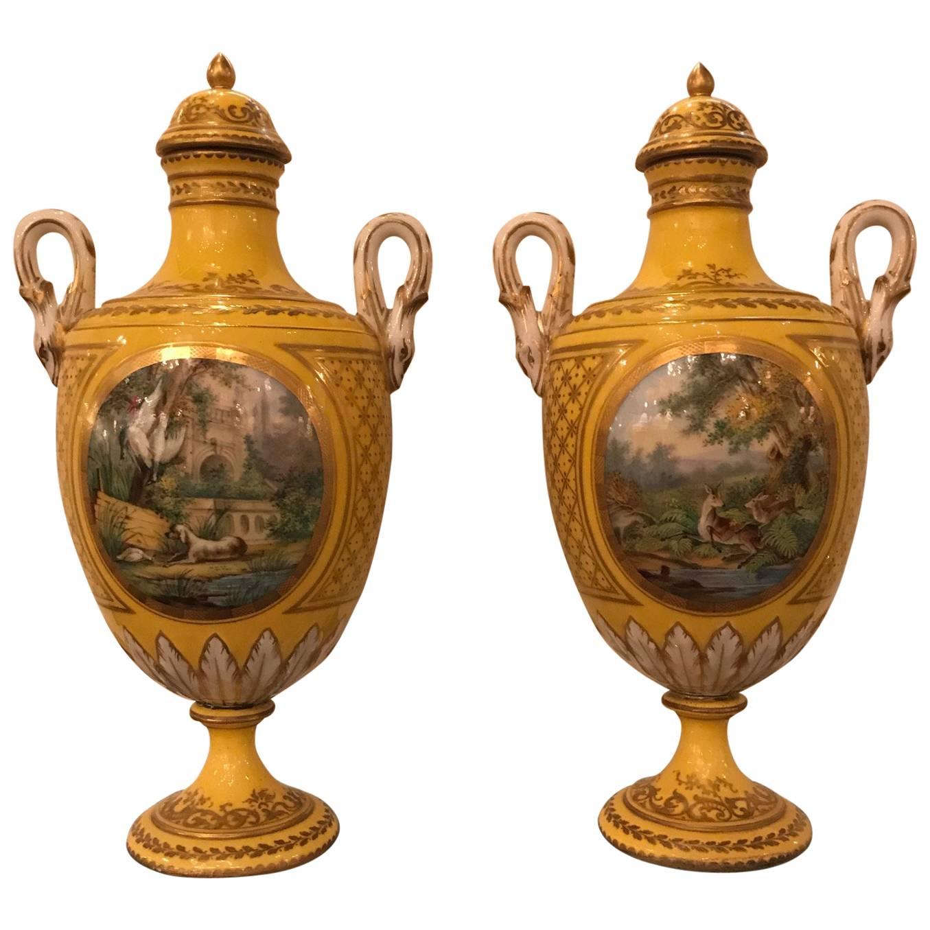 Pair of 19th Century Hand-Painted French Porcelain Lidded Urns