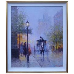 Vintage Magnificent Rare Framed Old New York City Street Painting Signed by Morgan