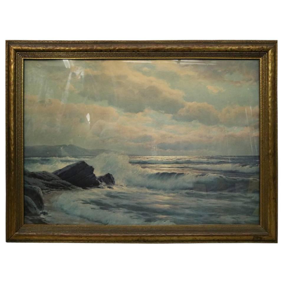 Large Antique Seascape Maritime Color Print, Original Gilt Frame, circa 1920