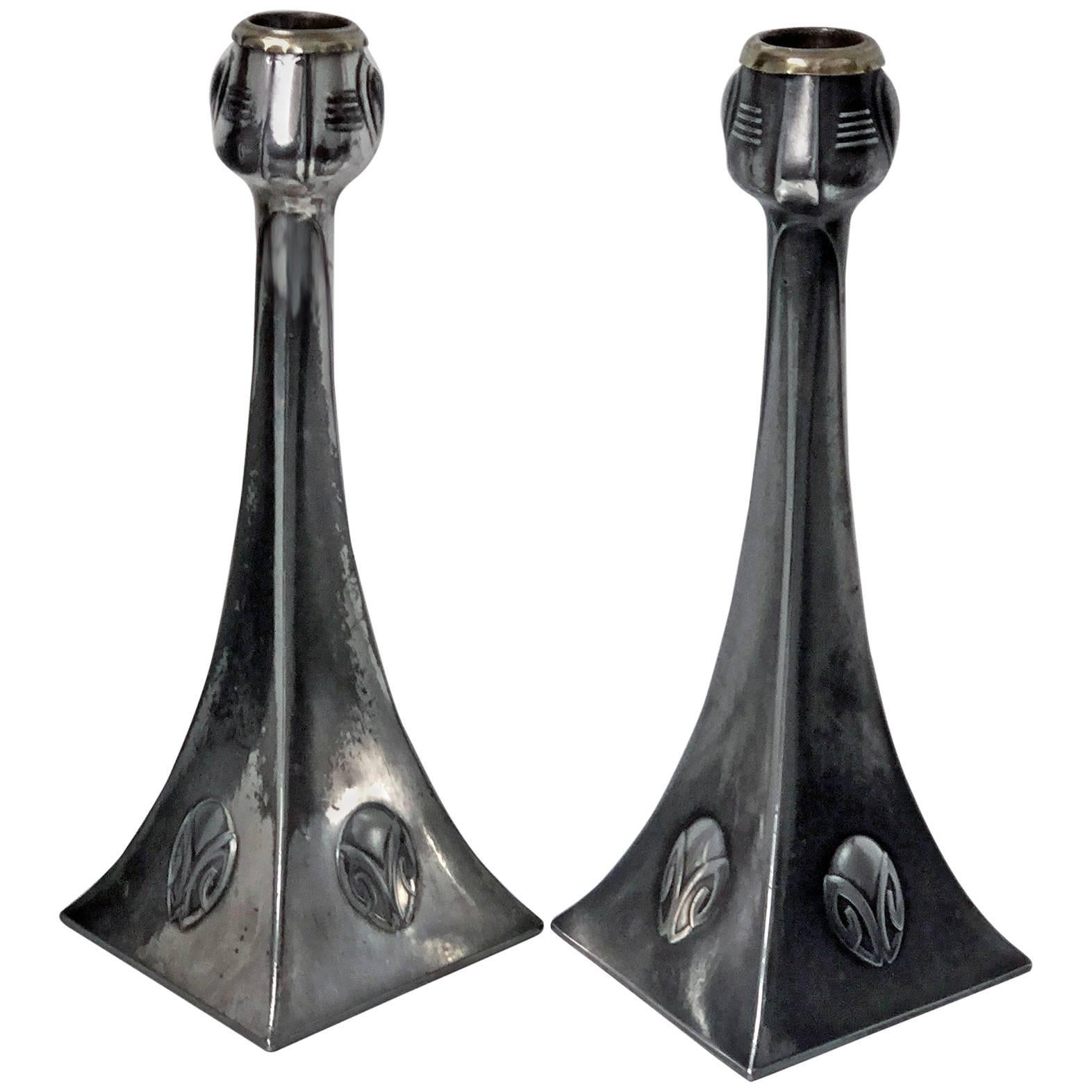 Pair of WMF Art Nouveau Pewter Candlesticks, Albin Muller, Germany, circa 1906